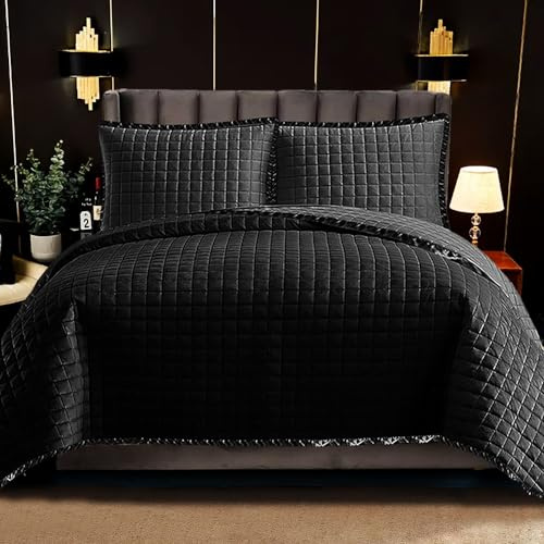 Fit Even Quilt Osca Bedspread 3 Piece Set – Coverless Quilted Square Pattern Bedspread, Comforter Throw, Summer and All-Season Lightweight Bedding Sets, with 2 Pillow Sham (King, Black)