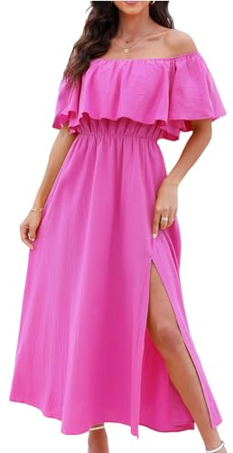 CUPSHE Vestido de mujer de verano con forma de vestido de hombros descubiertos largo maxi con volantes ajustado en la cintura con estampado tropical, fucsia, XL