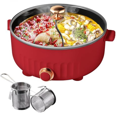 ARTSIM Fondue Chinoise Electrique, Coupure Automatique De L'Alimentation Appareil Fondue Chinoise Individuelle Convient Aux Petites FêTes (avec 2 Filets Non éTanches),Red