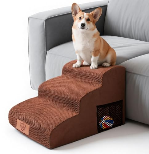 MASTERTOP Scale per Cani 3 Gradini, Scalini Antiscivolo per Gatti e Cani per Divano e Letto, Scaletta Schiuma Alta Densità, Copertura Impermeabile Lavabile (Marrone)