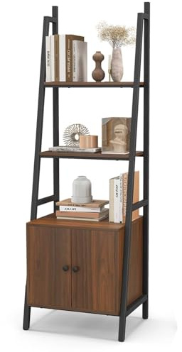 SFAREST Ladder Bookshelf, 160CM Tall Wooden Bookcase with 2 Open Shelves, Countertop, Cabinet & Anti-Tipping Kits, Industrial Freestanding Ladder Storage Shelving Units for Living Room Bedroom Office