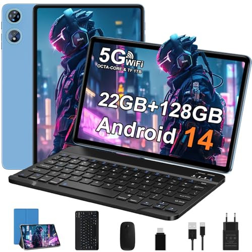 Tablette 10 pouces 128 Go ROM(2 To TF), 22 Go RAM, 8000 mAh Tablette Android écran IPS Full HD 1080P, Octa-core, 5+8MP, GMS, Widevine L1, contrôle parental, Boîtier Métallique, Clavier et Souris- Bleu