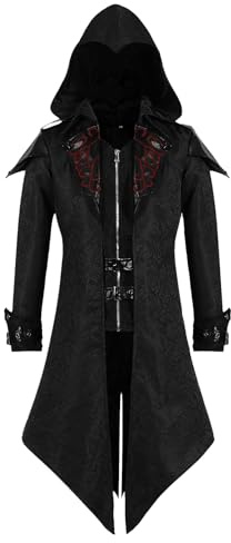 MVFEUIJ Steampunk Men's Jacket with Hood, Gothic Tailcoat Men's Coat Medieval Victorian Palace Vintage Coat, Halloween Costume Carnival Party Cosplay Clothing (Black, M)