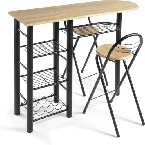 DUPI Conjunto de Mesa de Cocina Bar | Moderna con 4 Estantes | Funcional para Almacenar | Práctica con Taburetes Plegables | Tamaño ‎120 x 40 x 87 cm | Metal y Madera | Taupe/Negro,