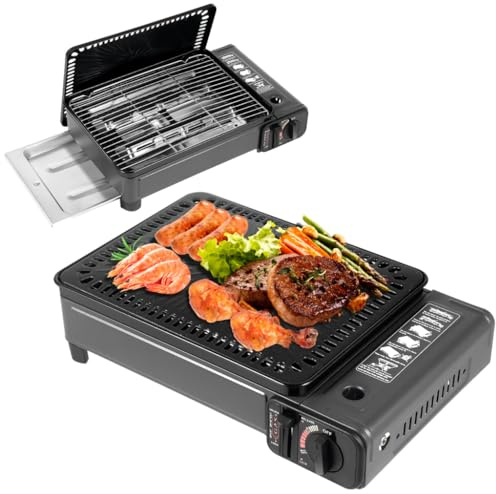 Tragbarer Gasgrill mit Butangasgrill, Tischgrill, koreanischer Grill für die Küche im Freien, Camping, Kochen mit Transporttasche aus Edelstahl