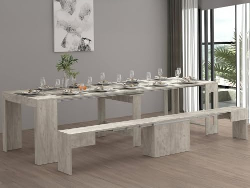 Dmora - Panca Ubertino, Seduta per Tavolo da Pranzo, Panca Singola allungabile, 290x25h45 cm, Cemento