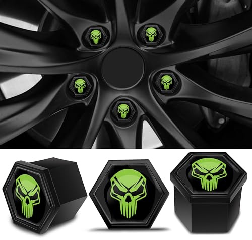 Biomar Labs 16 cubiertas para tuercas de rueda, 4 tapas de pernos de bloqueo, herramienta de extracción universal, color negro y verde, calavera brillante, 19 mm, LB 11