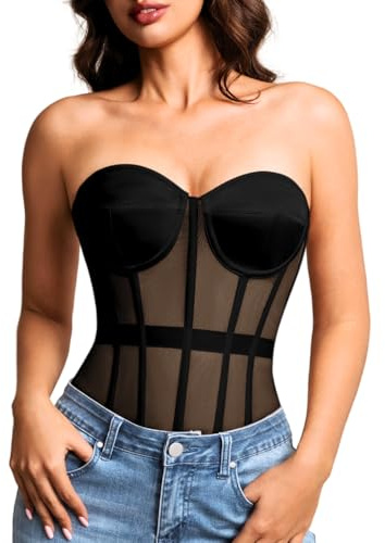 Kaei&Shi Sheer Mesh Overbust Corset,Sexy Strapless Lace Up Satin Bra Corsets Top For Women Shapewear Black X-Large