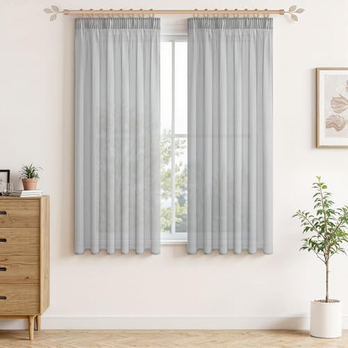 MRTREES Gardiner gråa korta med veckband 120 x 140 cm (HXB), gardiner, boho, transparenta för sovrum, set om 2, gardin, makramé, modern, 120 cm långa för kök, butik, barnrum