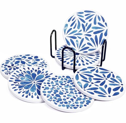 Lumanothy Untersetzer Gläser, Keramik untersetzer 6er Set, Saugfähig Kork Keramik Glasuntersetzer mit Halter für Bars, Cafés, Haus, Party, Büro