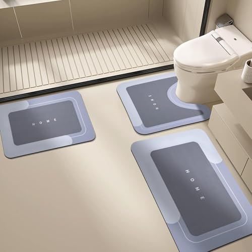 Pasdrucn 3Pcs Tapis De Bain Diatomite, Tapis De Bain Absorbant, Tapis Diatomite Salle De Bain, Diatomite Tapis De Bain en Pierre, Tapis Contour WC Antidérapant Lavable en Forme De U (Bleu)