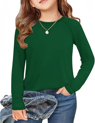 Arshiner Maglietta Maniche Lunghe per Bambini T-Shirt Verde Interno Pile Bambine Magliette Termiche Felpa Canottiere Casual Canottiera Elastica alla Abbigliamento Natalizio per Ragazze 7-8 Años