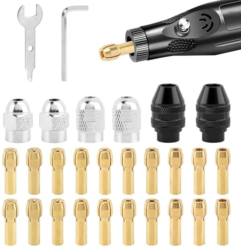 28Pcs Drill Chuck Collet Set for Dremell, 1/32 to 1/8inch Drill Chuck Collet Set with 2pcs British 4486 3-jaw Chucks, brass Collets Nut, Wrench, Rotary Tool Keyless Quick Change Chucks Accessory