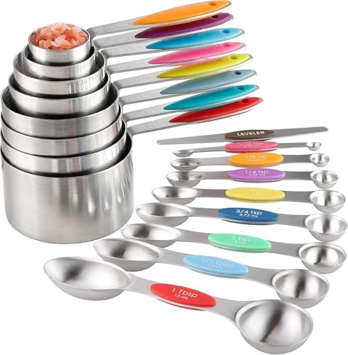 Juego de tazas y cucharas medidoras de acero inoxidable, 8 tazas medidoras apilables, 8 cucharas medidoras magnéticas de doble cara y 1 nivelador para ingredientes secos y líquidos