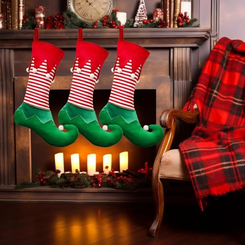 2 Stück Rot Grün Elfen-Weihnachtsstrümpfe, Stoff Nikolausstiefel Weihnachtsdeko Weihnachtssocken zum Befüllen und Aufhängen für Kamin, Schaufenster, Weihnachtsbaum 50 x 29 cm
