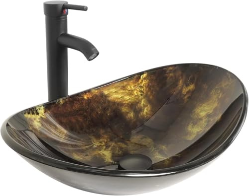 YU YUSING Lavabo da Appoggio in Vetro, Lavandino Bagno Ovale con rubinetto | Lavabo Bagno Moderno, Lavello Cucina, Bagno, Cucina, Ospiti, WC, Nero e Oro, 53 x 35 x 15,5 cm