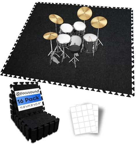 Focusound 16Pcs Sound Absorbing Interlocking Drum Rug, 11.8 x 11.8 x 0.4 inches High Density Soundproof Floor Mats, Non-Slip Anti Vibration Piano Carpet Drum Mat for Music Studio, Black