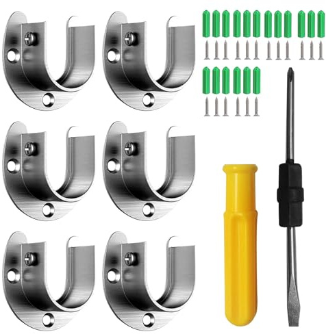 6 Pcs Wardrobe Rail Bracket with Dual-Purpose Screwdriver and Screws | Wardrobe Pole Brackets, 32mm Flange Rod Holder, Stainless Steel Curtain Pole Brackets for Shower Bathroom Kitchen