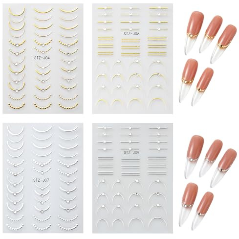 Nagelsticker Selbstklebend, 4 Blatt Nail Art Aufkleber mit Metallischen Linien- und Bogenmotiven, Gold und Silber, Für French Designs und Kreative Nagelgestaltung