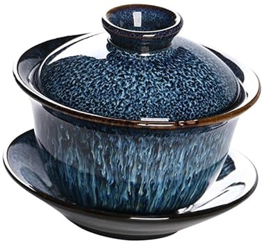 EXCEART Taza de Té Estilo Sopera China de Cerámica Azul 140ml con Tapa Antiquemaduras para Oficina y Restaurante Diseño Vintage Delicado