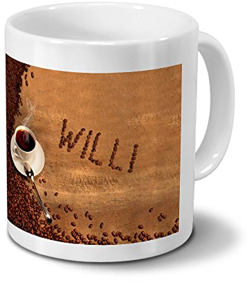 printplanet Tasse mit Namen Willi - Motiv Kaffeebohnen - Namenstasse, Kaffeebecher, Mug, Becher, Kaffeetasse - Farbe Weiß
