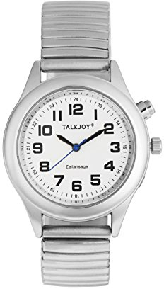 TalkJoy Sprechende Armbanduhr Damen Silber 34 mm, für Senioren, Blinde & Sehbehinderte, Deutsche Sprachansage von Zeit und Datum, Große Zahlen, mit Wecker, Batteriebetrieben