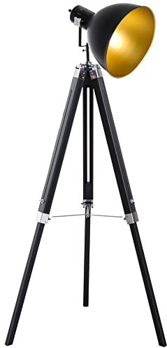 HOMCOM Tripod Floor Lamp Spotlight Reading Lamp Wood Legs Black and Gold