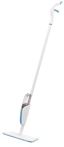 Amazon Basics Mocio Spray, 1 Mocio e 1 Panno in microfibra Riutilizzabile, Blu e Bianco