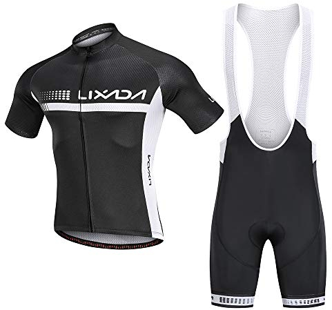 Lixada Radtrikot Set, atmungsaktiver Fahrradanzug Kurzarm Fahrradhemd + 3D gepolsterte Trägerhose, schnell trocknendem Material, rutschfeste Saum, 3 Tiefe Rückentasche