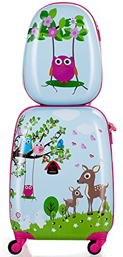 COSTWAY 2tlg Kinderkoffer + Rucksack, Kindertrolley aus Kunststoff, Kindergepäck, Kinder Kofferset Handgepäck Reisegepäck Hartschalenkoffer für Jungen und Mädchen (Eule, 12+16)