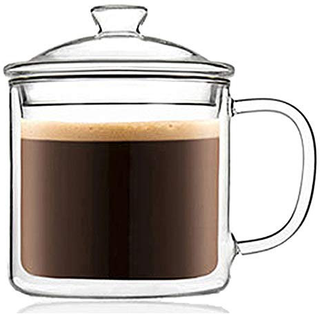 TAMUME Style de Bureau Double Paroi Tasse à Thé en Verre avec Filtre et Couvercle (350ml)