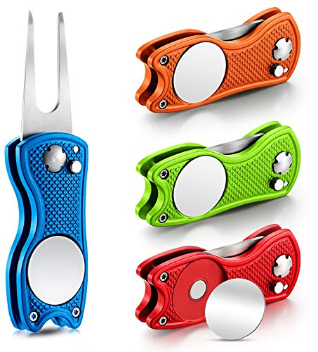 Skylety Golf-Pitchgabel-Reparaturwerkzeug, Metall, faltbar, Golf-Pitchgabel mit magnetischem Pop-Up-Knopf, Ballmarker, Edelstahl-Schalterklinge für Golferpreise (Rot, Blau, Limettengrün, Orange), 4