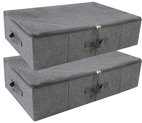 Amonsen Confezione da 2 scatole portaoggetti rigide da mettere sotto il letto, con coperchio con cerniera, per indumenti, lenzuola, coperte, colore nero e grigio