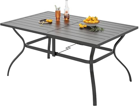 PHI VILLA Gartentisch Outdoor Tisch 6 Personen Rostfreier Metall Schwarz | E-Beschichtung Stahlrahmen, Rost und Wetterfest, 4-5cm Schirmloch, für Terrasse und Garten