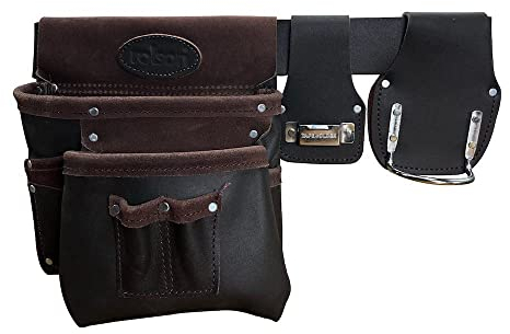 Rolson 68865 Single Leather Top Grain Tool Pouch With Belt, Tape and Hammer Holder,Brown