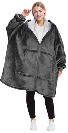 Catalonia Classy Full Zipper Oversized Hoodie Blanket, Cozy Gifts, Wearable Sherpa Blanket, Soft Warm Jumpers, Comfortable Giant Hoody Sweater Adults Men Women, Grey