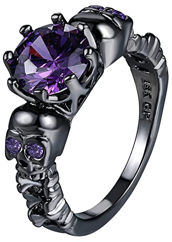 OIDEA Herren-Damen Ringe Retro Totenkopf Lila Zirkon Persönlichkeit Punk Stil Halloween 49 (15.6) ~ 62 (19.7)