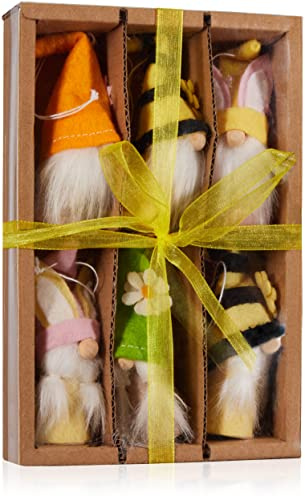 BRUBAKER 6er Set Osteranhänger Gnom aus Holz und Strick | Lustige Dekoanhänger Zwerge mit Bart - Bunte Osterhasen und Blumen Frühlingsdekoration Osterdeko - ca. 10 cm