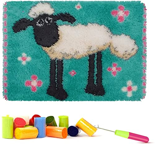 ROCKY&CHAO Latch Hook Kits for Adults, Sheep 20x15Inch, DIY Latch Hook Sheep Rug Kit 50x38cm, Home Carpet Rug Making Kit, Cross Stitch Embroidery Kits Needlework Crafts Rug for Home Decor