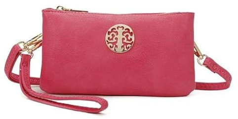 She & Bags Women Golden Badge Detail Multi Function Doubel Compartments Small Wristlet Purse Clutch Crossbody Messenger Handbag-FUCHSIA