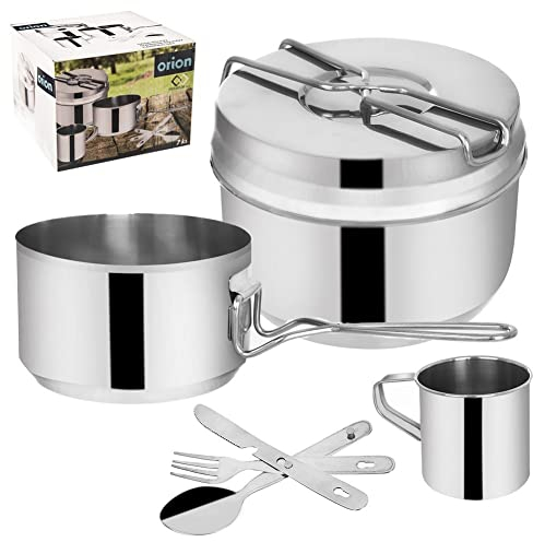 orion group Set di pentole da campeggio in acciaio inox, pentola, coperchio, piatti, tazze e posate, pentole per scout, pentole militari, stoviglie da campeggio, 7 pezzi