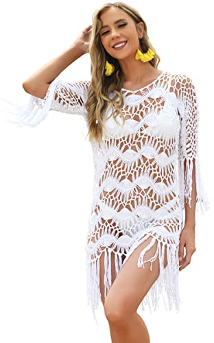 BOUTIKS Bikini Cover Up da Donna, Mini Abito da Spiaggia Fatto a Mano all'Uncinetto con Frange Motivo a Vuoto, Nappe da Spiaggia Svuotate Estive Copricostume, Bianco