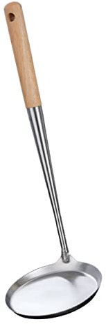 Hoement Stainless Steel Frying Spoon Long Wooden Handle, Non-Stick Cooking Scoop for Frying Snacks and Pastry, Small Size Kitchen Tool for Household Use