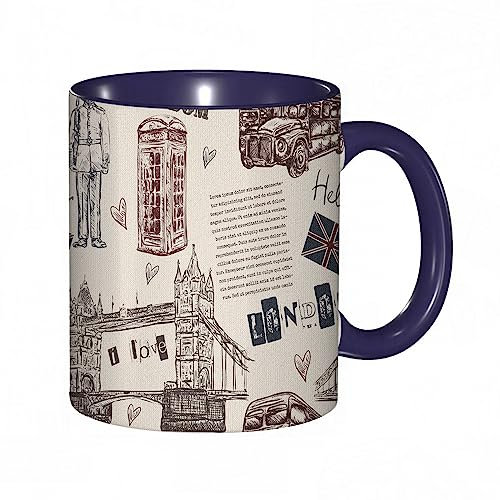 DHAEY Mug porcelaine fine London United Kingdom Island City Signs Bus Bridge Artwork |Mug humour pour collègue, amis, copains, frères et soeurs |Mug original avec