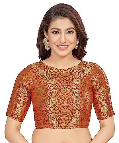 Madhu Fashion Women's Traditional Benaras Brocade Readymade Stitched Saree Blouse 34 Maroon