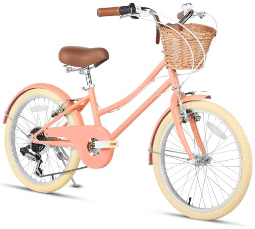 Glerc Missy 20 Tums Flickcykel Cruiser Hybrid Barncykel 6-Växlad Tonåring Stadcykel för Ungdomar 6 7 8 9 10 11 12 Åringar med Prickorg, Persika