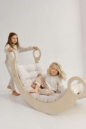Kletterbogen ab 2 Jahr, Groß Bogenwippe für Kinder und Erwachsene, Holzwippe XXL Montessori mit oder ohne Kissen, Wippe aus Holz XL, 150x60x75 cm (Beige Kissen, Natürliche)