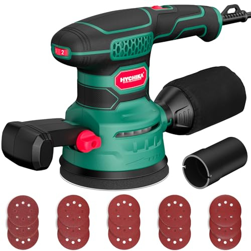 HYCHIKA Random Orbital Sander, 6 Variable Speed 3.8Amp 450W 5-Inch Electric Wood Sander with Double Handle, High Efficiency Dust Collector & 20Pcs Sandpapers for Heavy Duty Woodworking