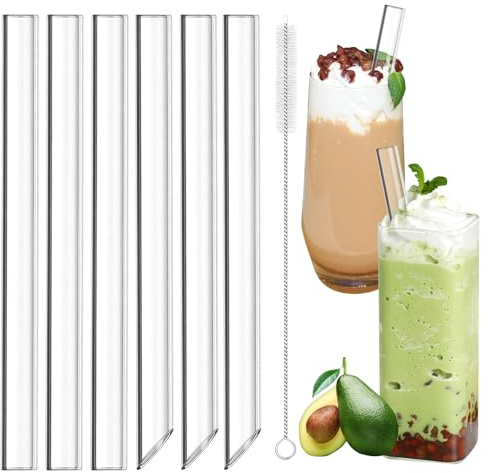 Morocket 7 pcs Bubble Tea Strohhalme 14 mm Große Breite Trinkhalme Wiederverwendbare Smoothie Strohhalme mit 1 Reinigungsbürste Glasstrohhalme für Cocktails, Smoothies und Säfte