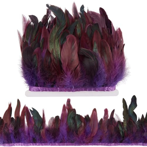 GORGECRAFT 5m*(13~18cm) Adorno de Flecos de Plumas de Gallo Adornos de Plumas Artesanales Púrpuras Decoración Cinta de Adorno de Plumas Naturales para Bricolaje Chal Sombrero Halloween Carnaval